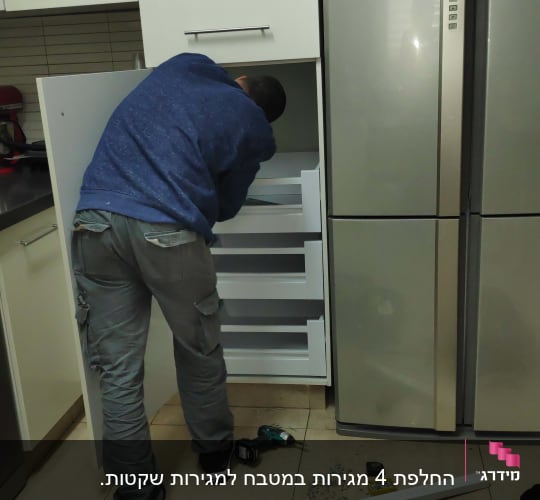 אדם מתקין מגירות במטבח עם כלי עבודה